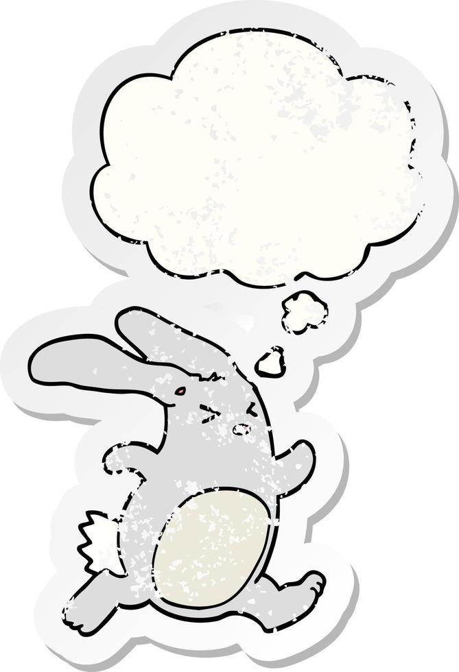 cartoon rabbit and thought bubble as a distressed worn sticker vector