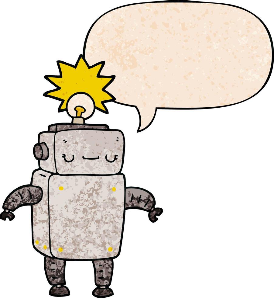 cartoon robot and speech bubble in retro texture style vector