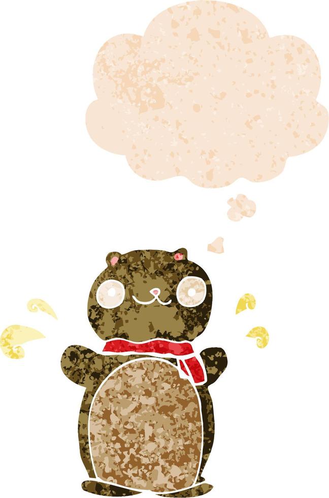 cartoon happy teddy bear and thought bubble in retro textured style vector