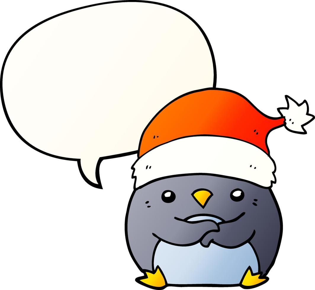 cute cartoon penguin wearing christmas hat and speech bubble in smooth gradient style vector