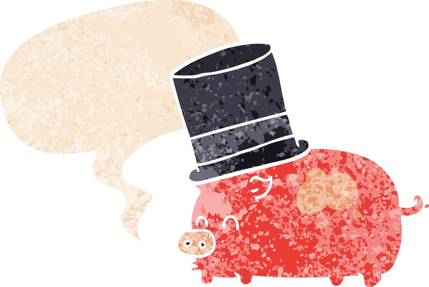 cartoon pig wearing top hat and speech bubble in retro textured style vector