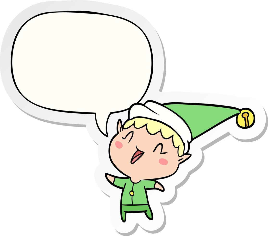 cartoon happy christmas elf and speech bubble sticker vector