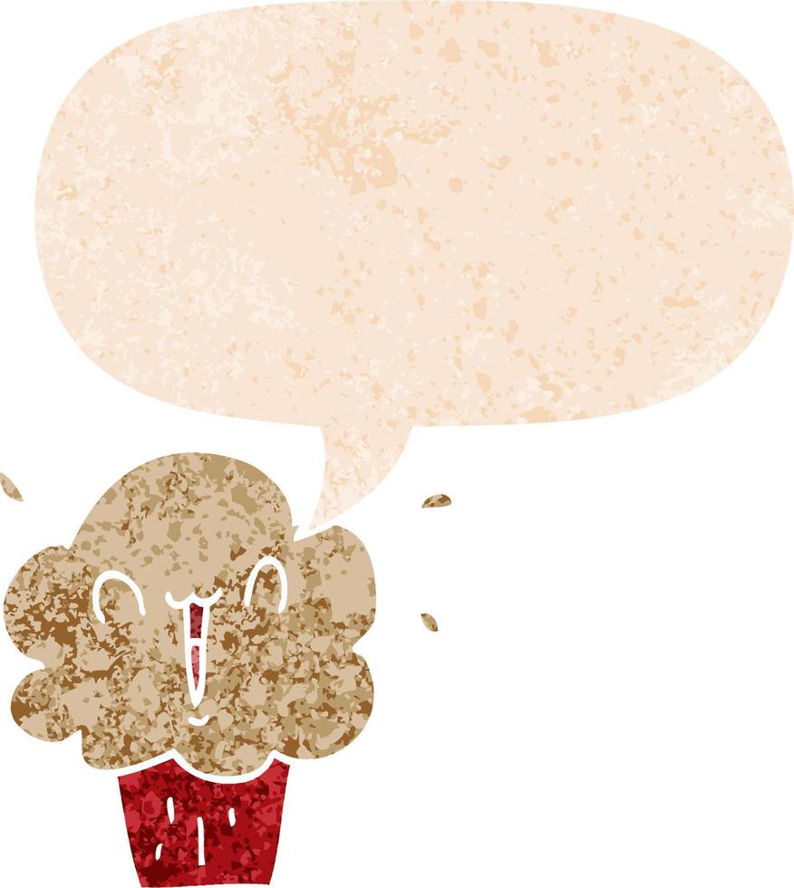 cartoon cupcake and speech bubble in retro textured style vector