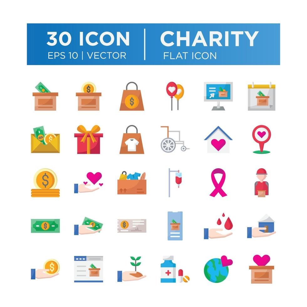 Set of flat icons about Charity and Donation. Contains such icons as Charity, Donation, Giving, Food Donation, Teamwork, Relief. Editable vector