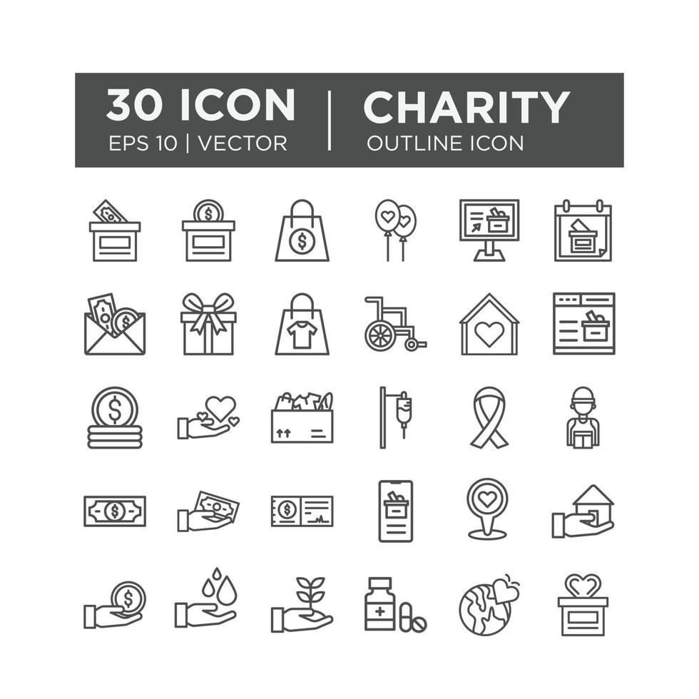 Set of outline icons about Charity and Donation. Contains such icons as Charity, Donation, Giving, Food Donation, Teamwork, Relief. Editable vector