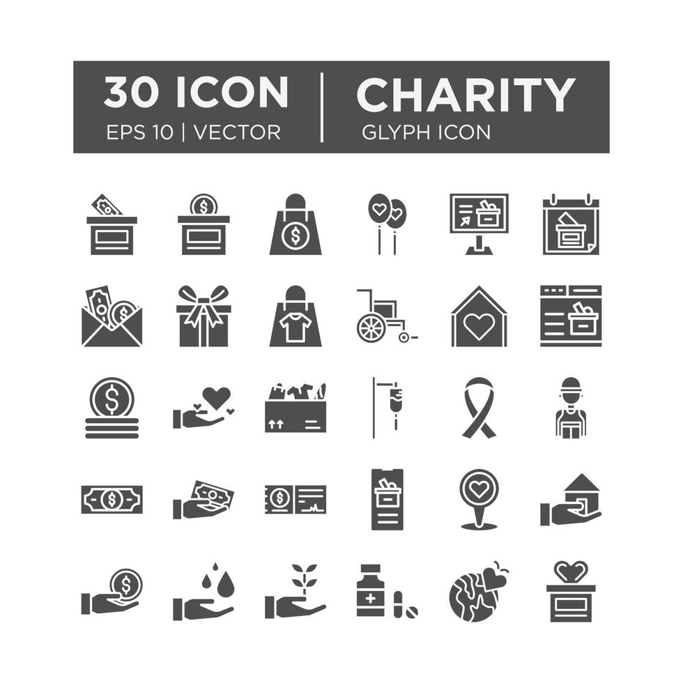 Set of glyph icons about Charity and Donation. Contains such icons as Charity, Donation, Giving, Food Donation, Teamwork, Relief. Editable vector