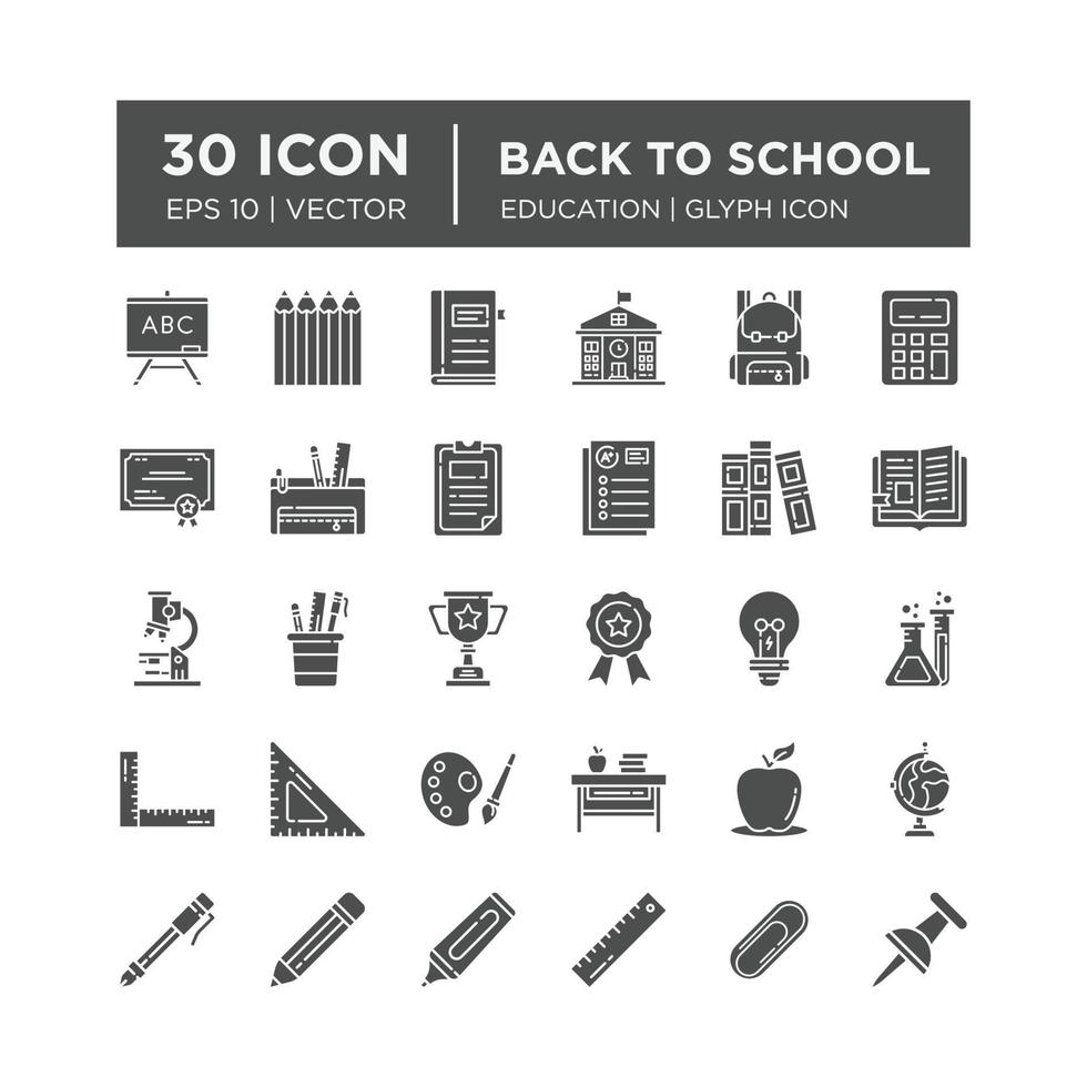 conjunto de iconos de glifos sobre el regreso a la escuela. contiene íconos como educación, éxito, materias académicas y más. vector editable