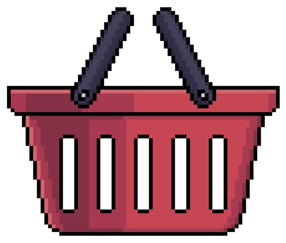 Pixel art shopping basket, red basket vector icon for 8bit game on white background