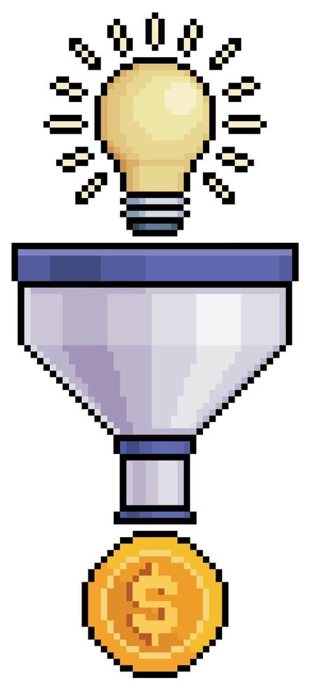 Pixel art funnel with light bulb and coin, investment idea vector icon for 8bit game on white background