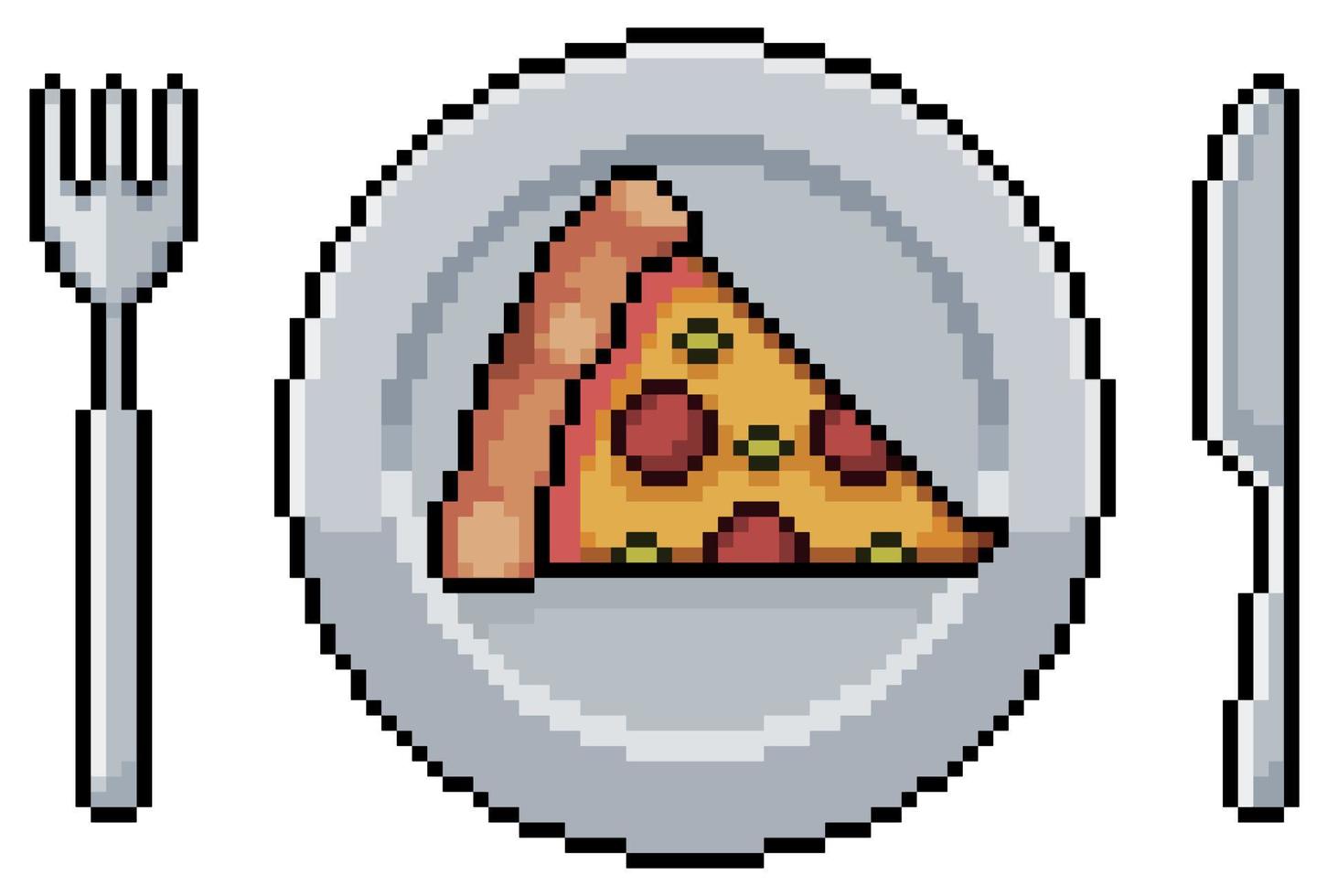 placa de arte de píxeles con rebanada de pizza, icono de vector de tenedor y cuchillo para juego de 8 bits sobre fondo blanco