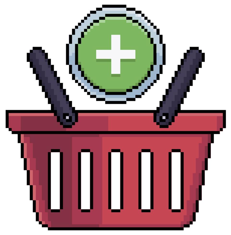 Pixel art shopping basket with add icon vector icon for 8bit game on white background