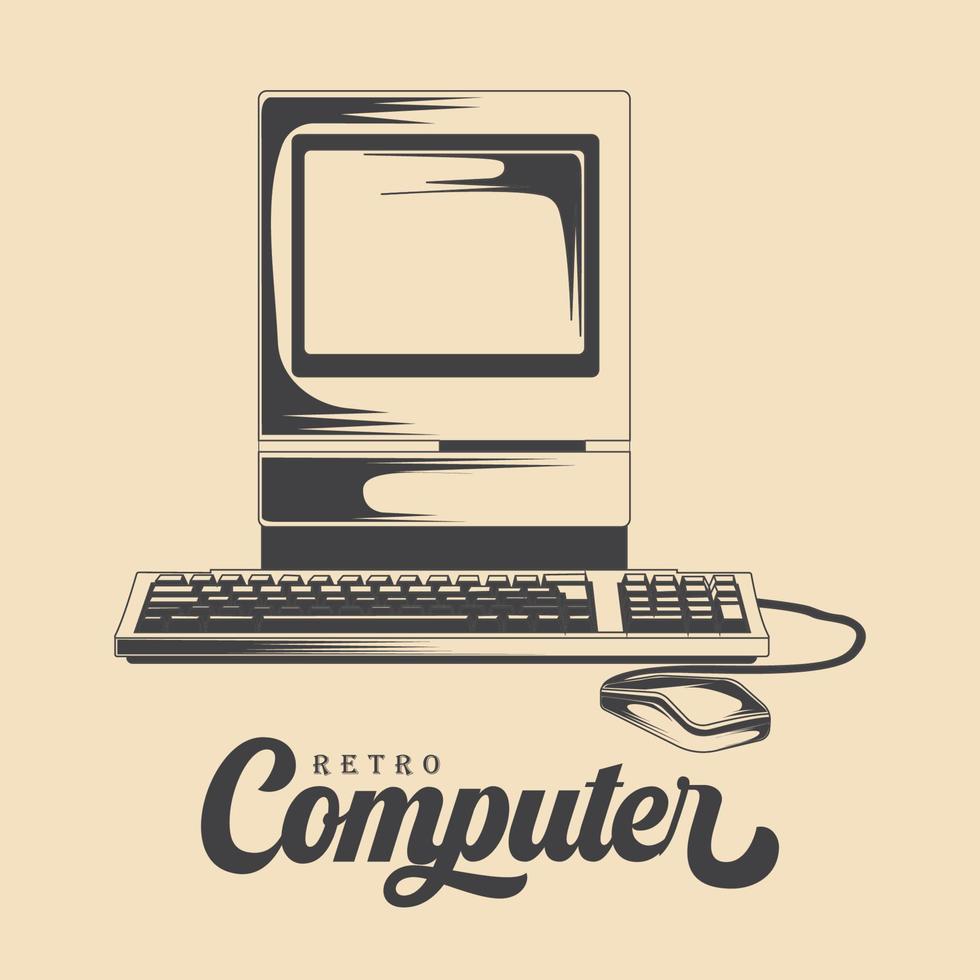 Old Computer with mouse and keyboard vector illustration