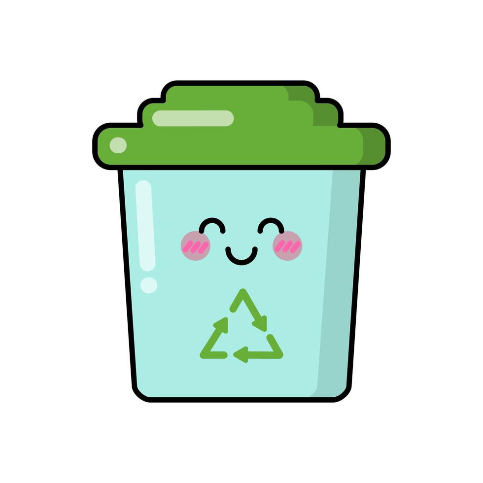 cosa ecológica para parches, insignias, pegatinas, logos. lindo icono de personaje de dibujos animados divertido en estilo kawaii japonés asiático. vector ecología garabato basura o papelera, clasificación de reciclaje.