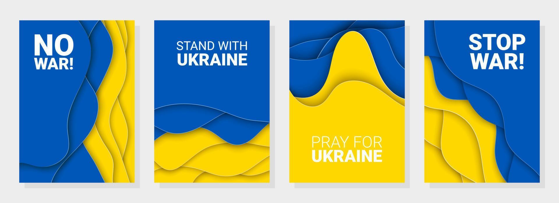 Vector paper cut background illustration of Pray For Ukraine, No War, Stand With Ukraine, Stop War concept with prohibition sign on Ukraine flag colors. No war and military attack in Ukraine poster.