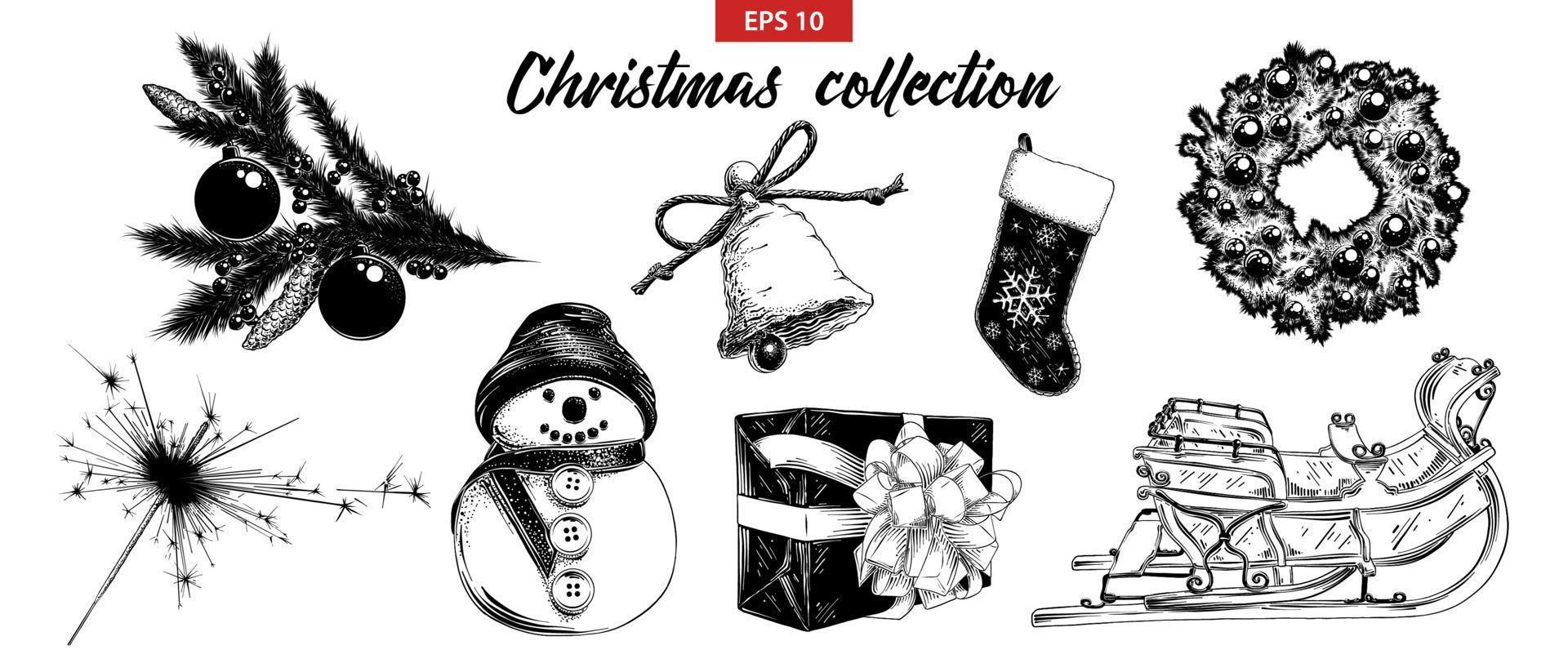 Vector engraved style illustration for posters, decoration and print. Hand drawn sketch set Christmas and New Year holiday objects isolated on white background. Detailed vintage etching drawing.