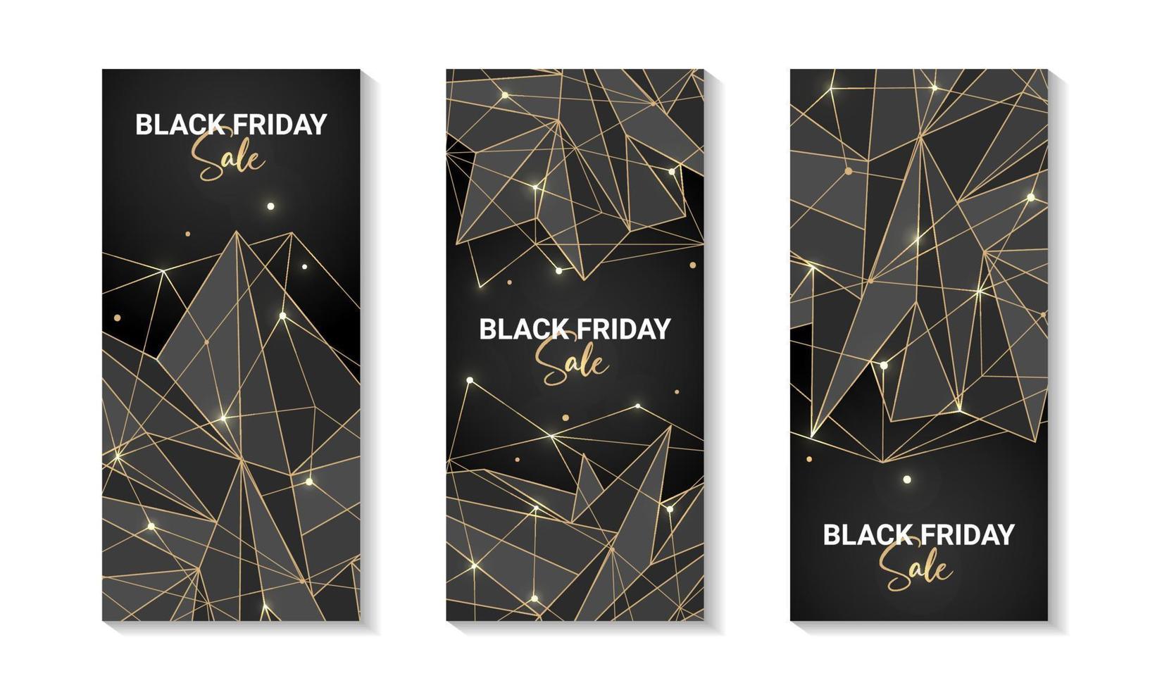 Vector polygonal social media banners for posts, advertising, site decoration, offer, promo, flyer, brochure. Golden poly mesh on black background. Black friday sale.