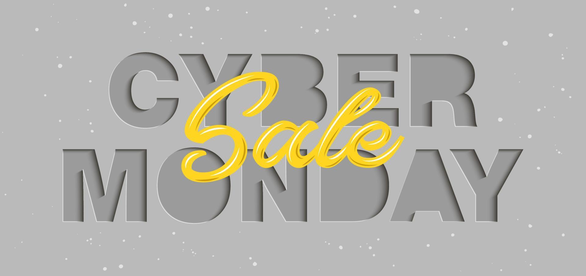 Vector paper cut with words for poster, advertising, banner, site decoration, offer, promo, flyer, brochure. Craft style, modern calligraphy text on gray background. Cyber monday sale.