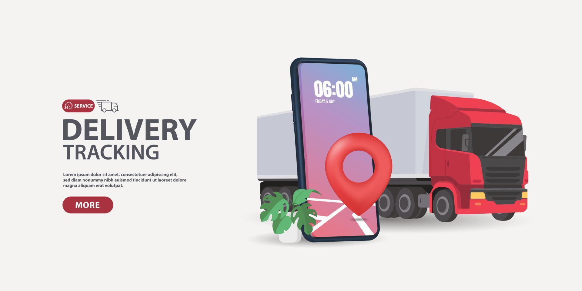 3D Express delivery service by truck. Checking delivery service app on mobile phone. vector