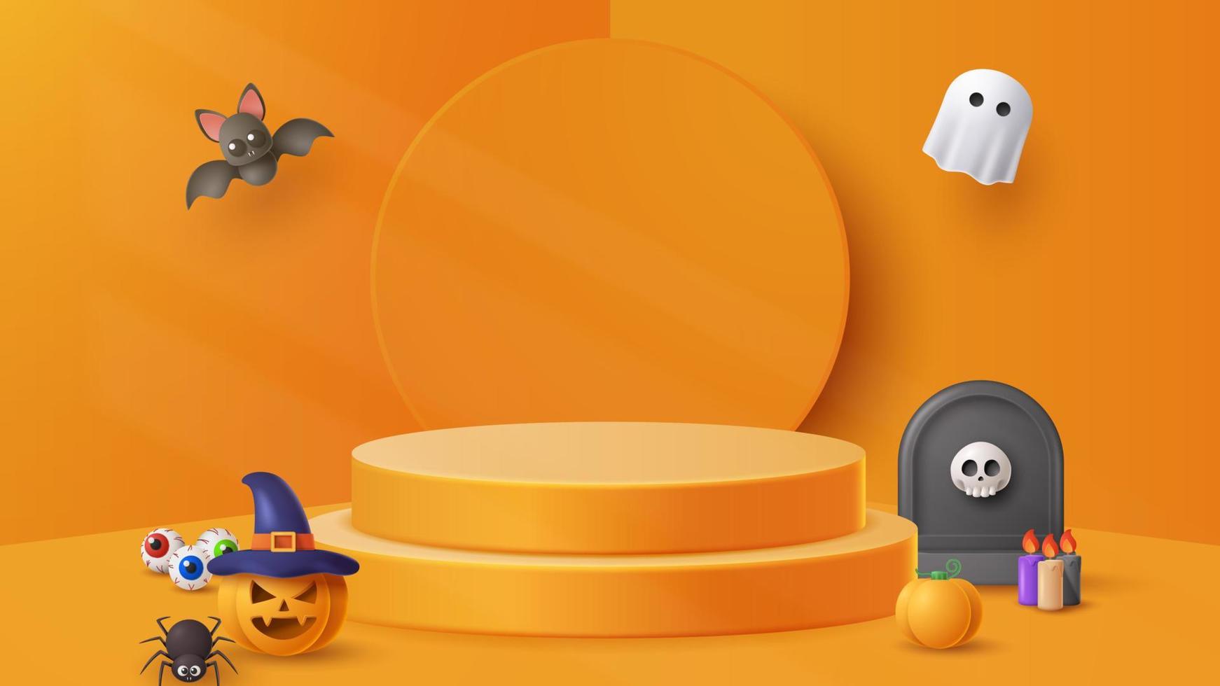 Halloween display podium decoration background with scary ornament. Vector 3D Illustration