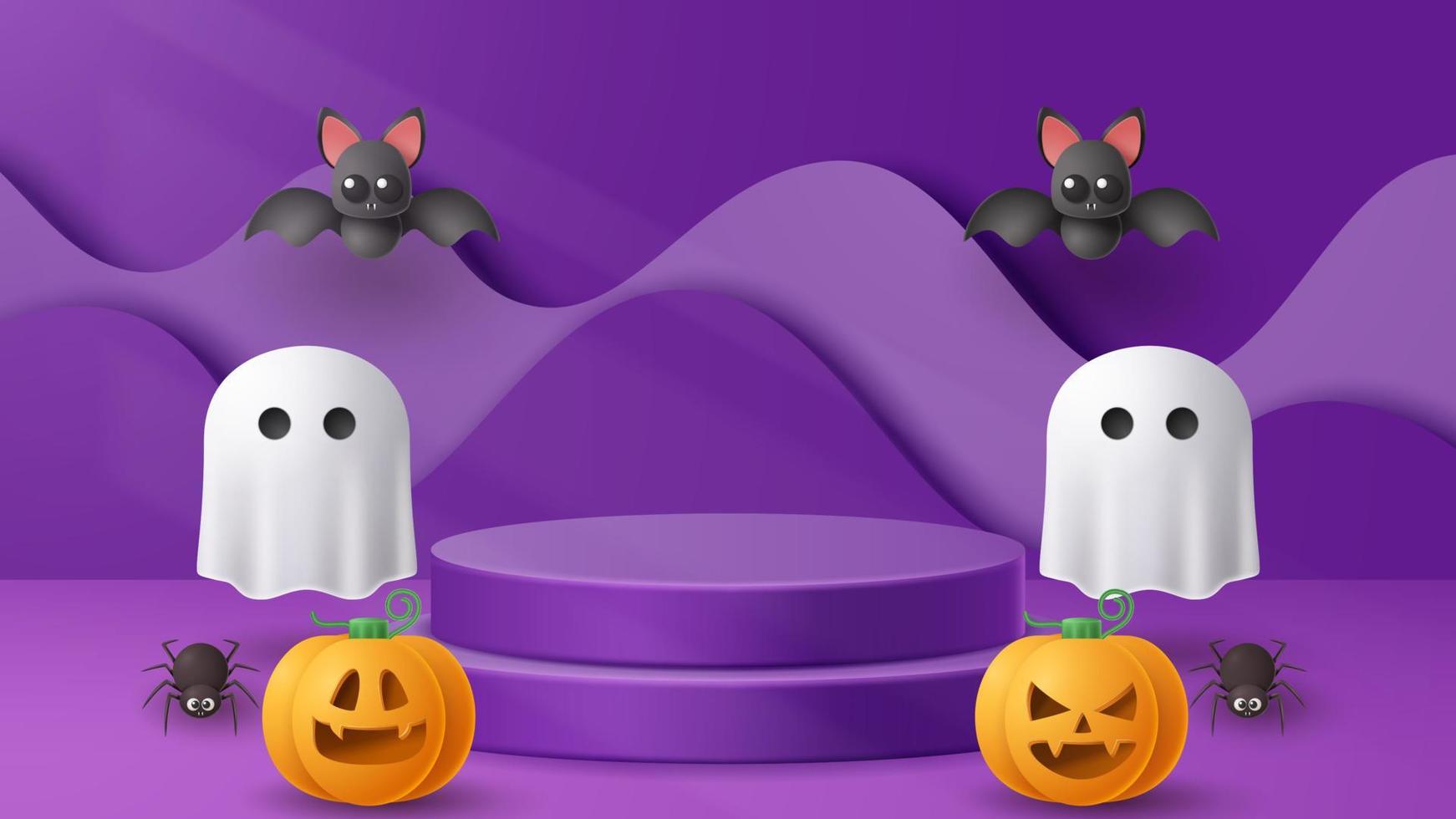 Halloween display podium decoration background with scary ornament. Vector 3D Illustration