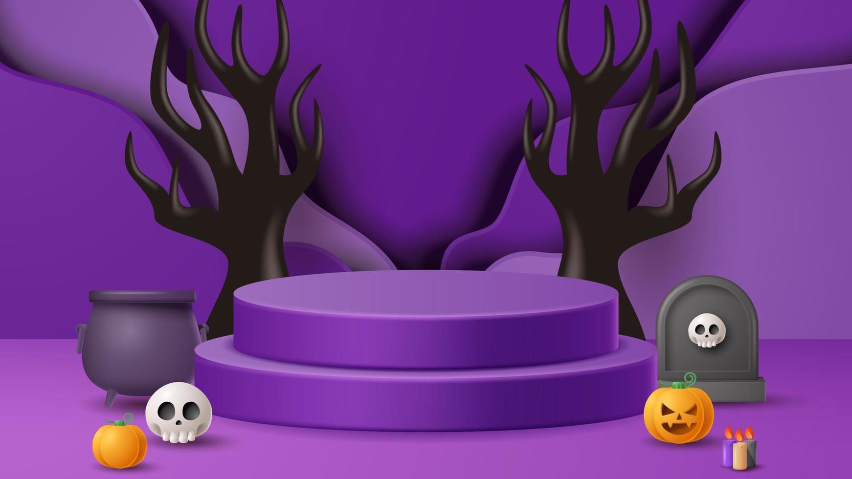 Halloween display podium decoration background with scary ornament. Vector 3D Illustration