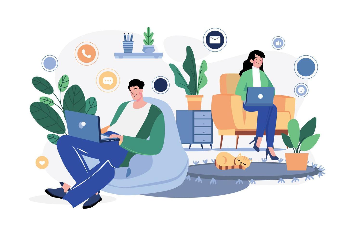 Couples connect social networks at home. vector