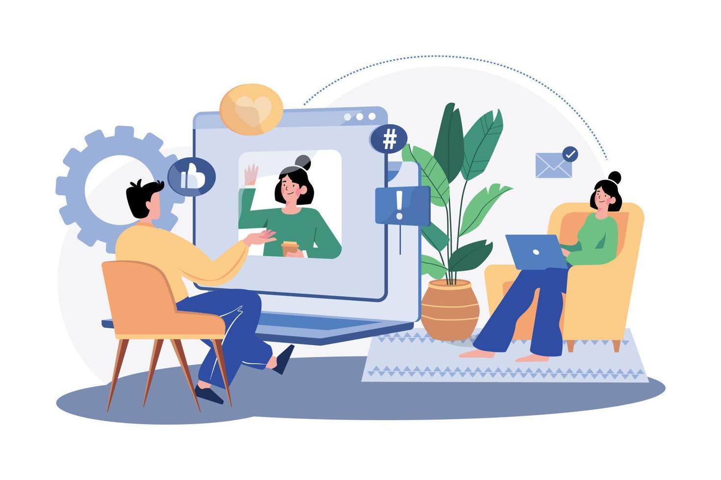 Friends are having a video call together. vector
