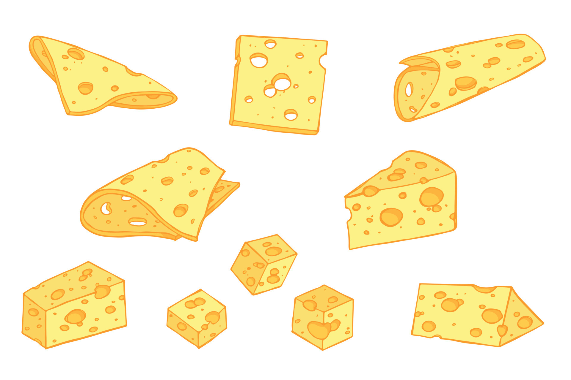 Hand drawn set of cheese parts and slices. Cheese icon. Vector cheese