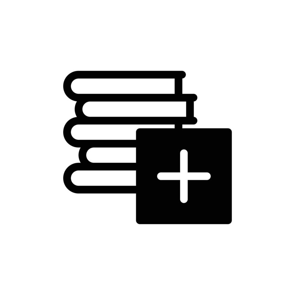 Add to reading list icon with books and plus sign in black solid style vector