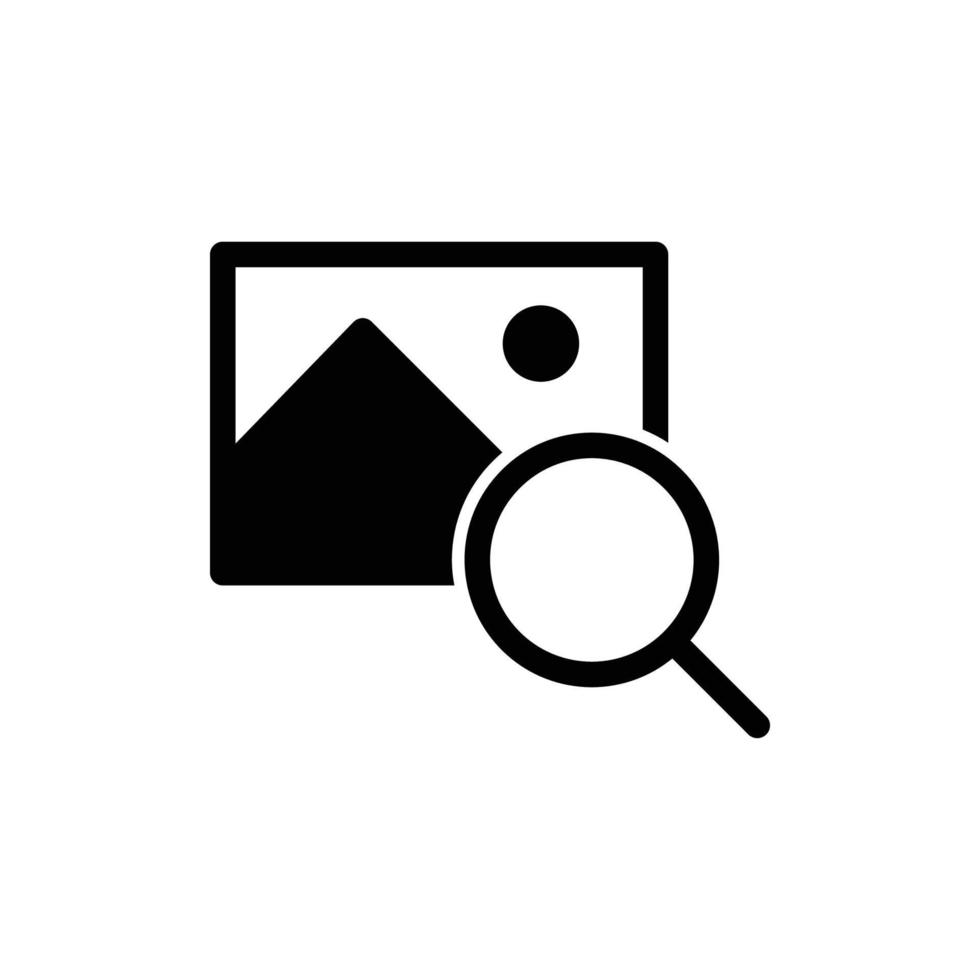 Find or search picture icon with magnifying glass in black solid style vector