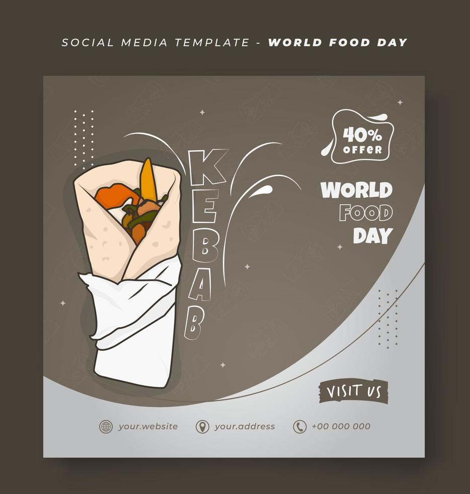 Social media post template with kebab vector for world food day in brown background design