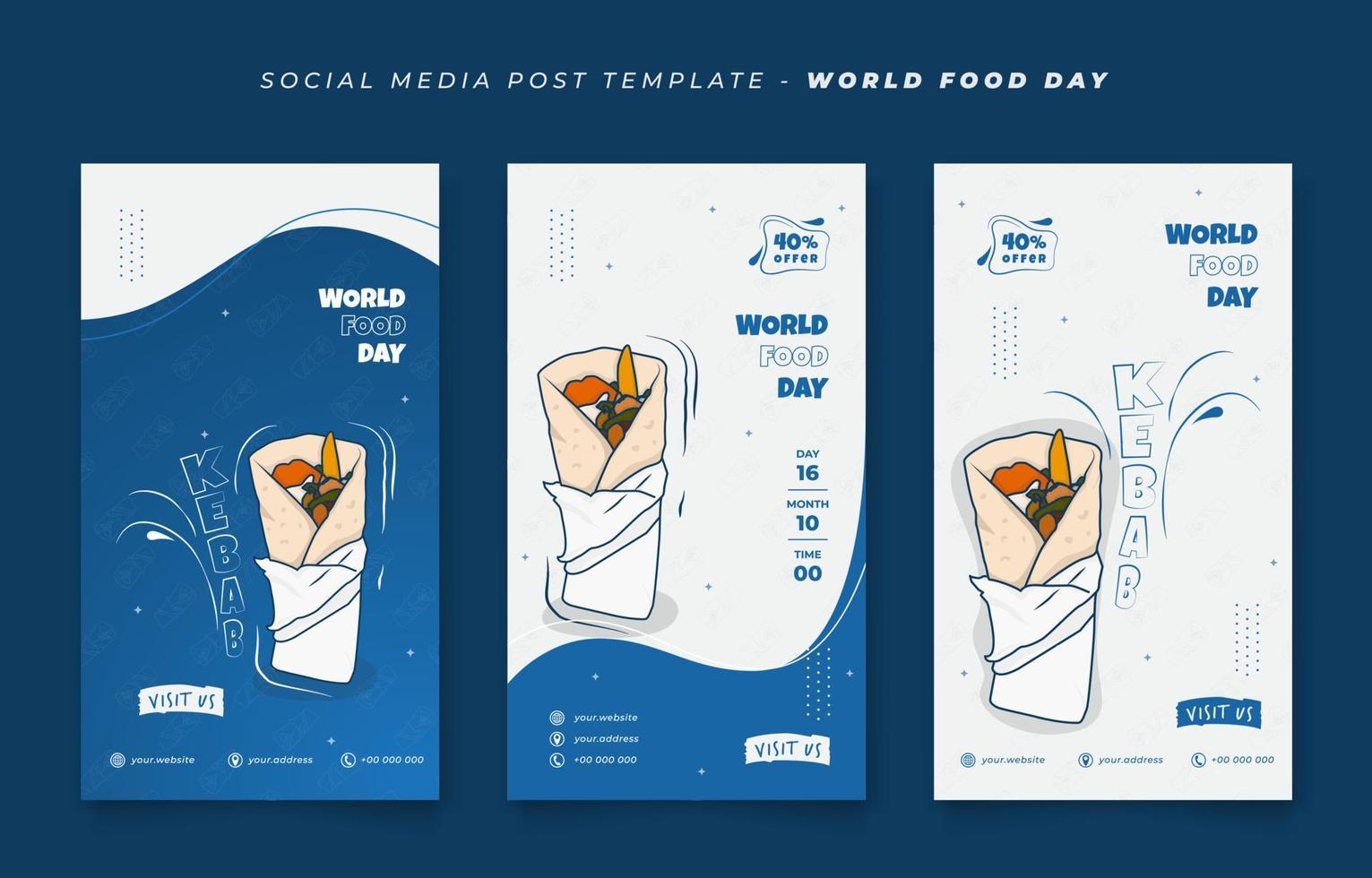 plantilla de redes sociales en fondo blanco azul vertical para el diseño del día mundial de la alimentación con comida de kebab vector