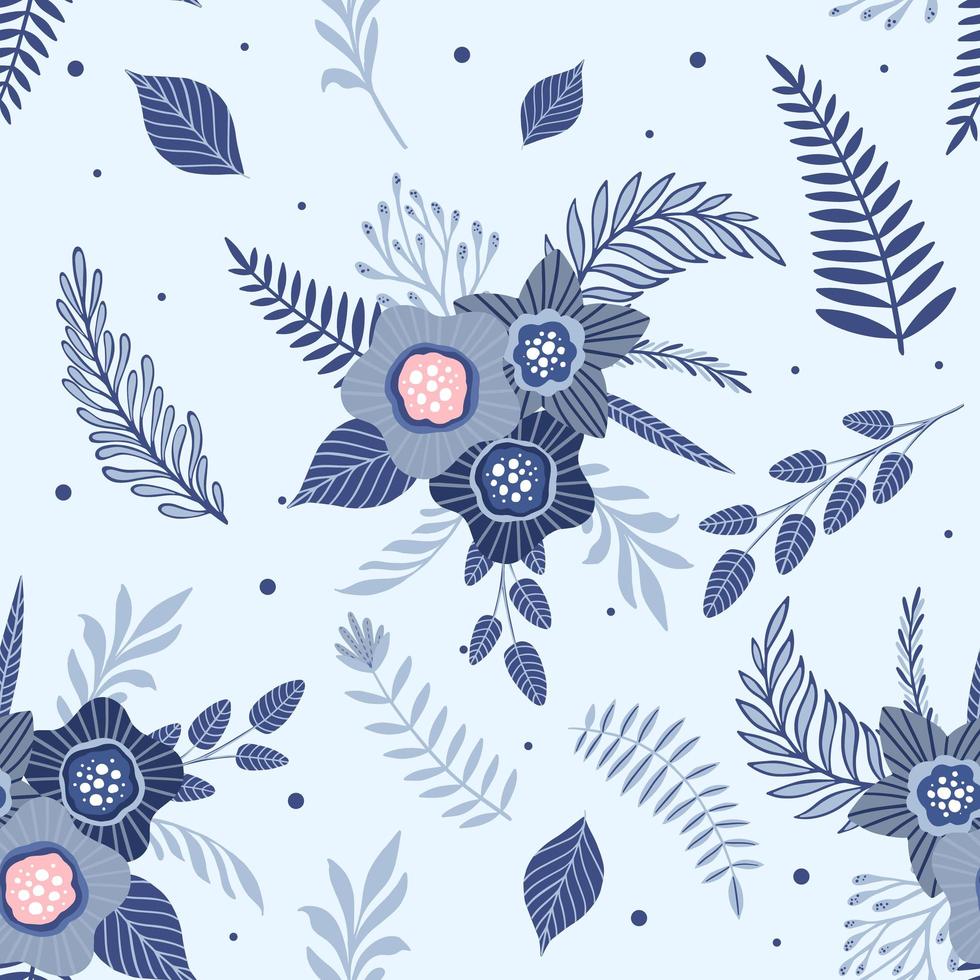 patrón sin costuras con flores azules y hojas. textura floral creativa. genial para tela, ilustración vectorial textil vector