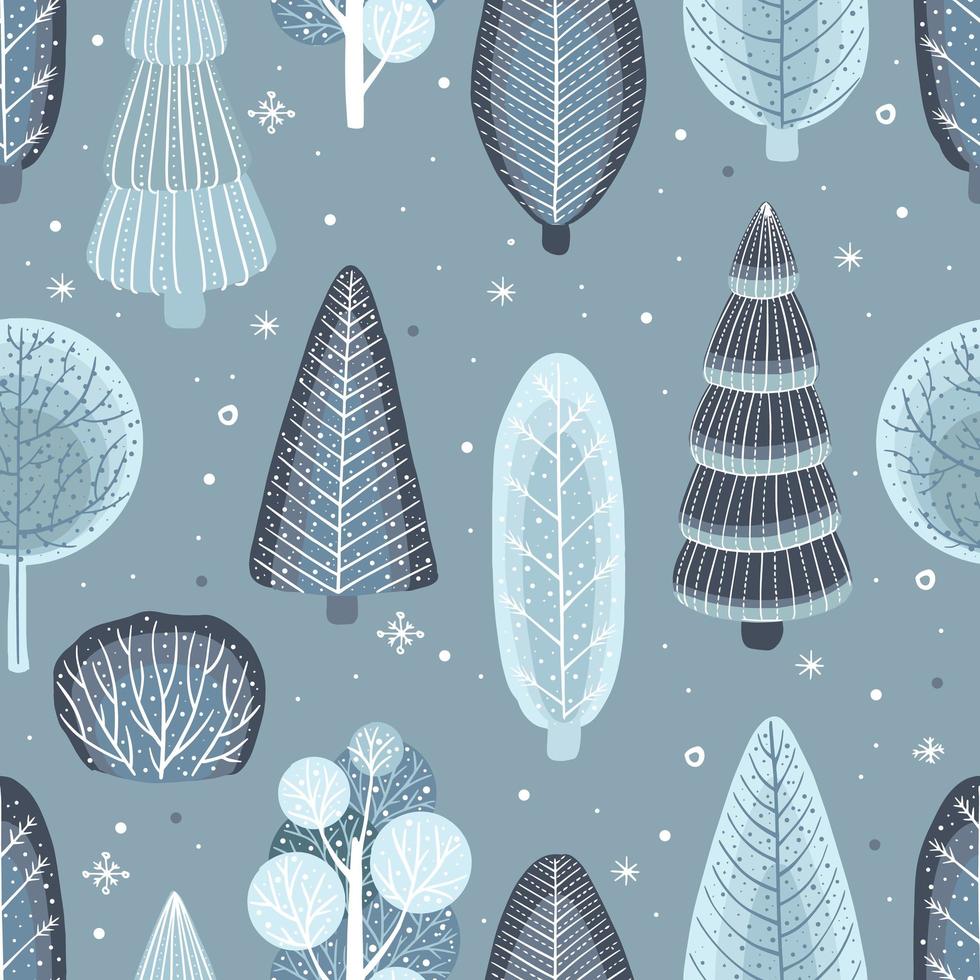 Vector illustration of seamless pattern with trees and fir-tree in winter time with snow in flat cartoon style.