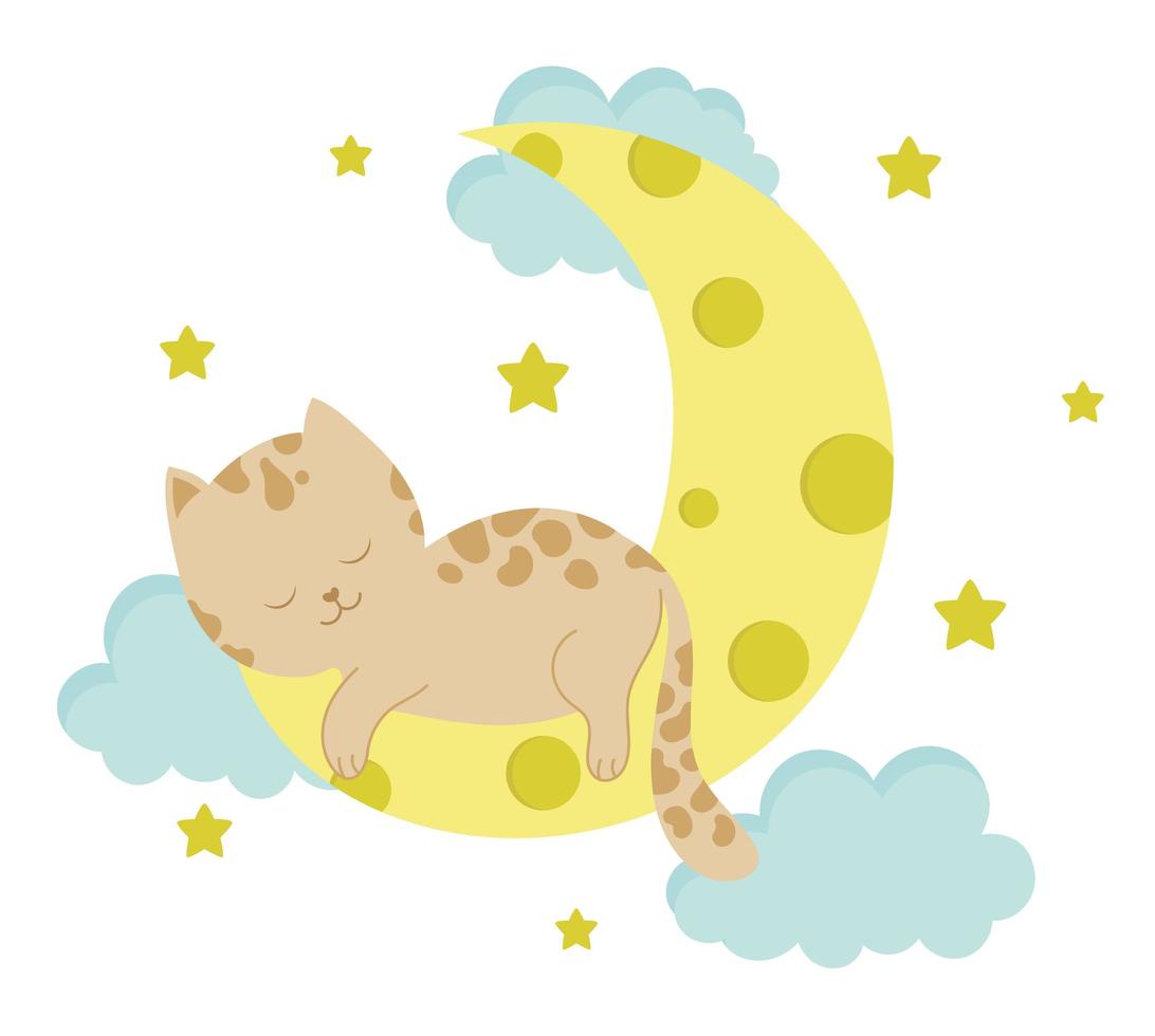 lindo gato durmiendo en la luna. ilustración de concepto de animal bebé para guardería, personaje para niños. vector