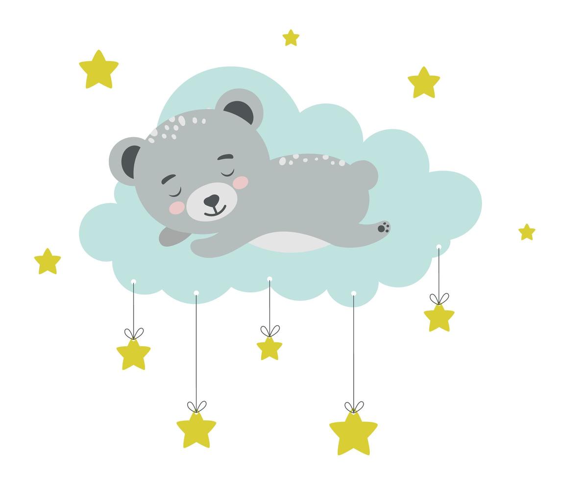 oso durmiendo en la nube. ilustración de concepto de animal bebé para guardería, personaje para niños. vector