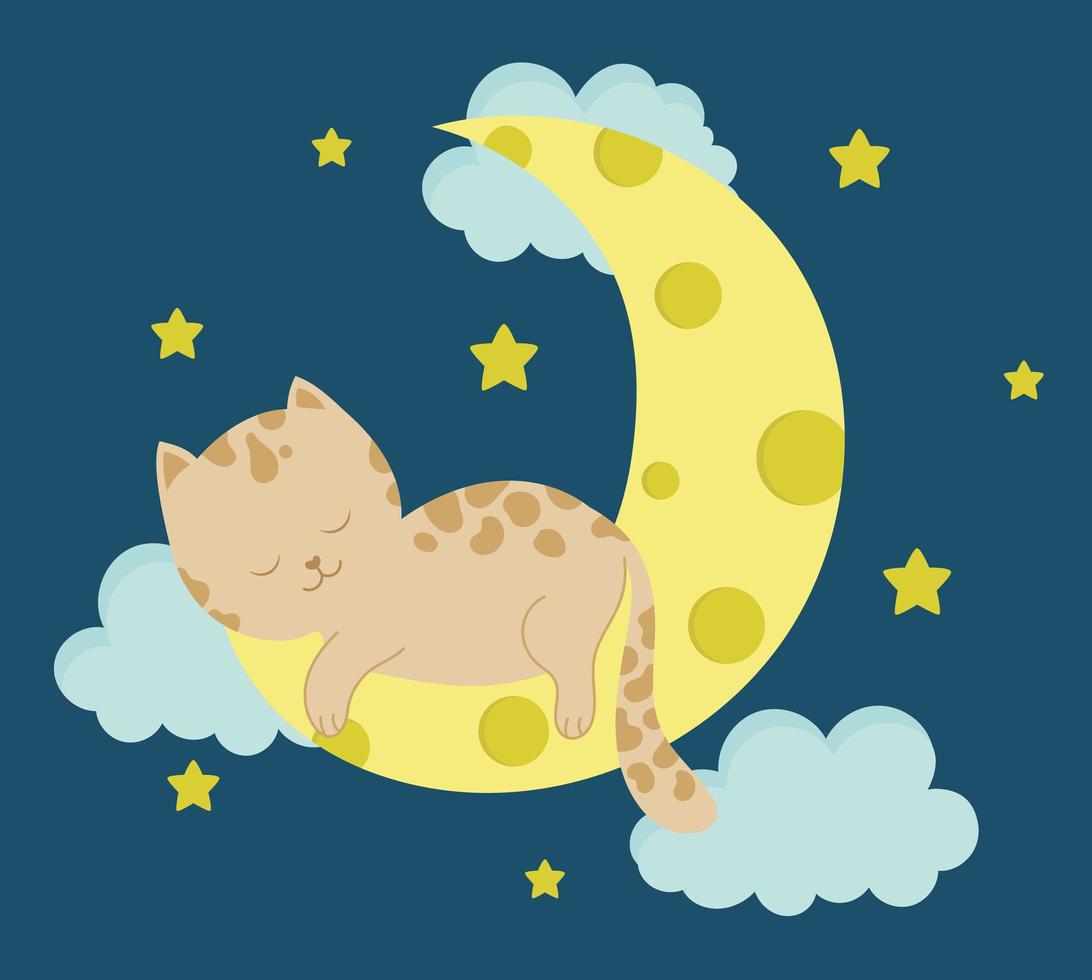 lindo gato durmiendo en la luna. ilustración del concepto de animal bebé para guardería, personaje para niños. vector