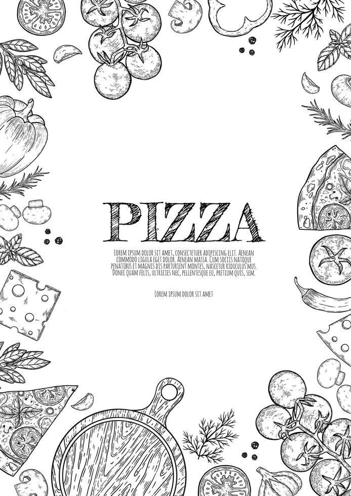 ilustración de garabatos de dibujos animados dibujados a mano de pizza. diseño de objetos y elementos de pizzería. fondo de arte creativo. fondo de vector de arte de línea