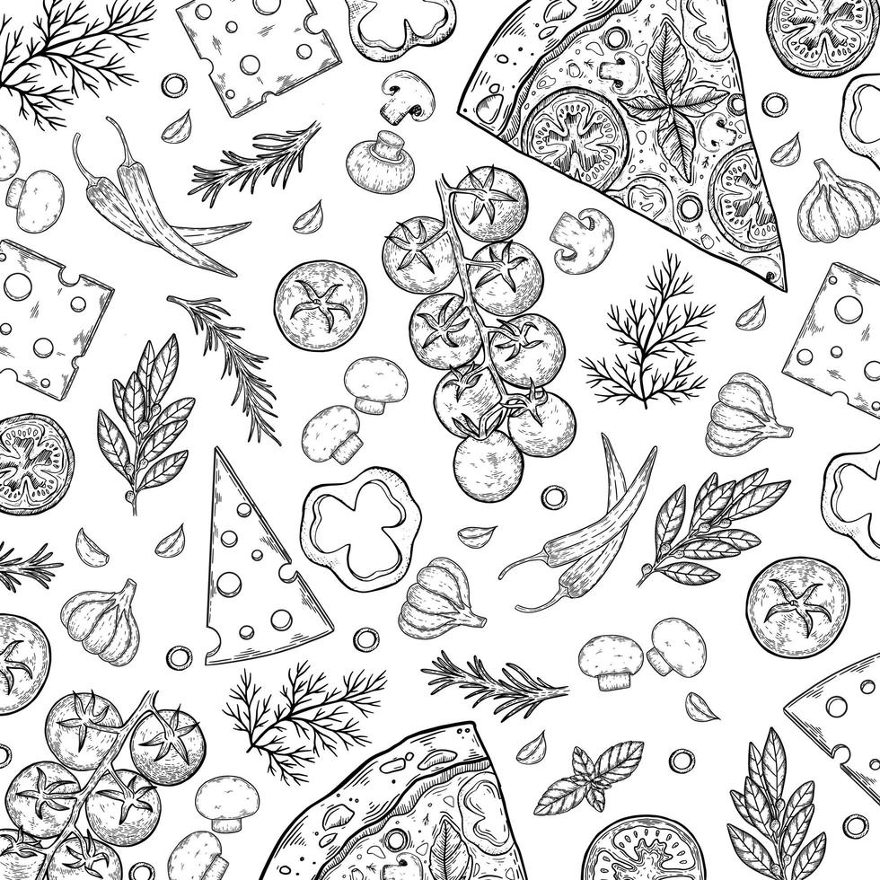 Pizza hand drawn cartoon doodles illustration. Pizzeria objects and elements design. Creative art background. Line art vector background
