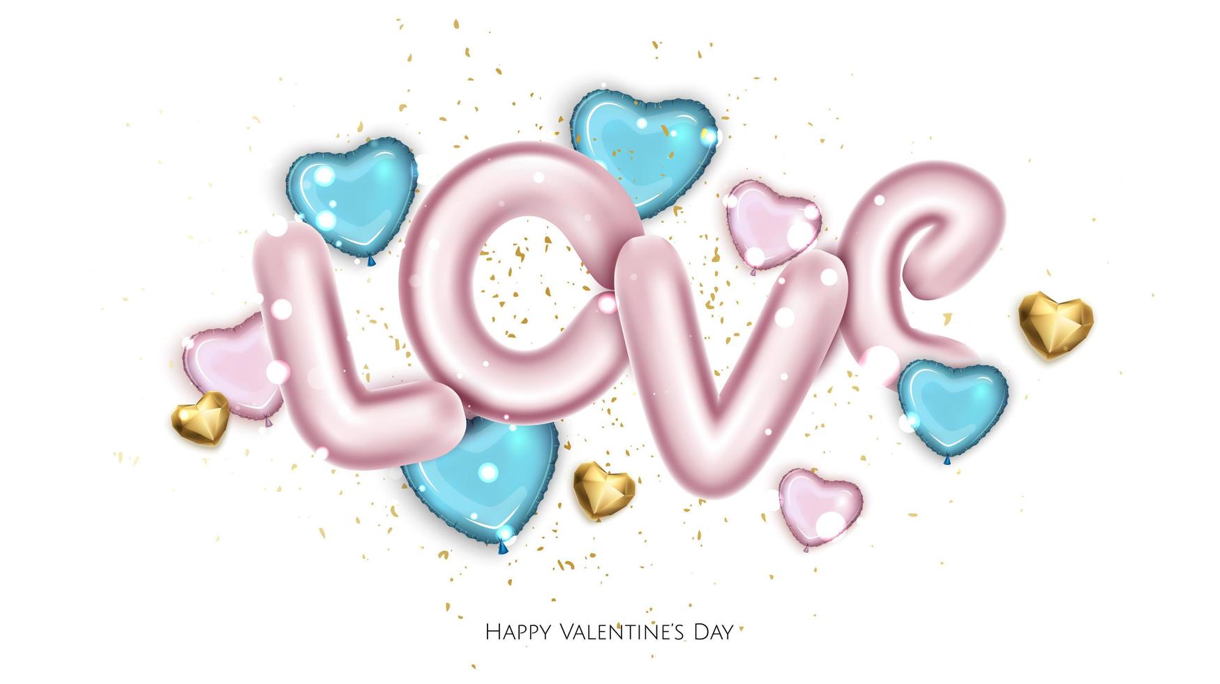 globos rosas y azules en forma de corazones, texto de metal rosa amor. fondo del día de san valentín. vector