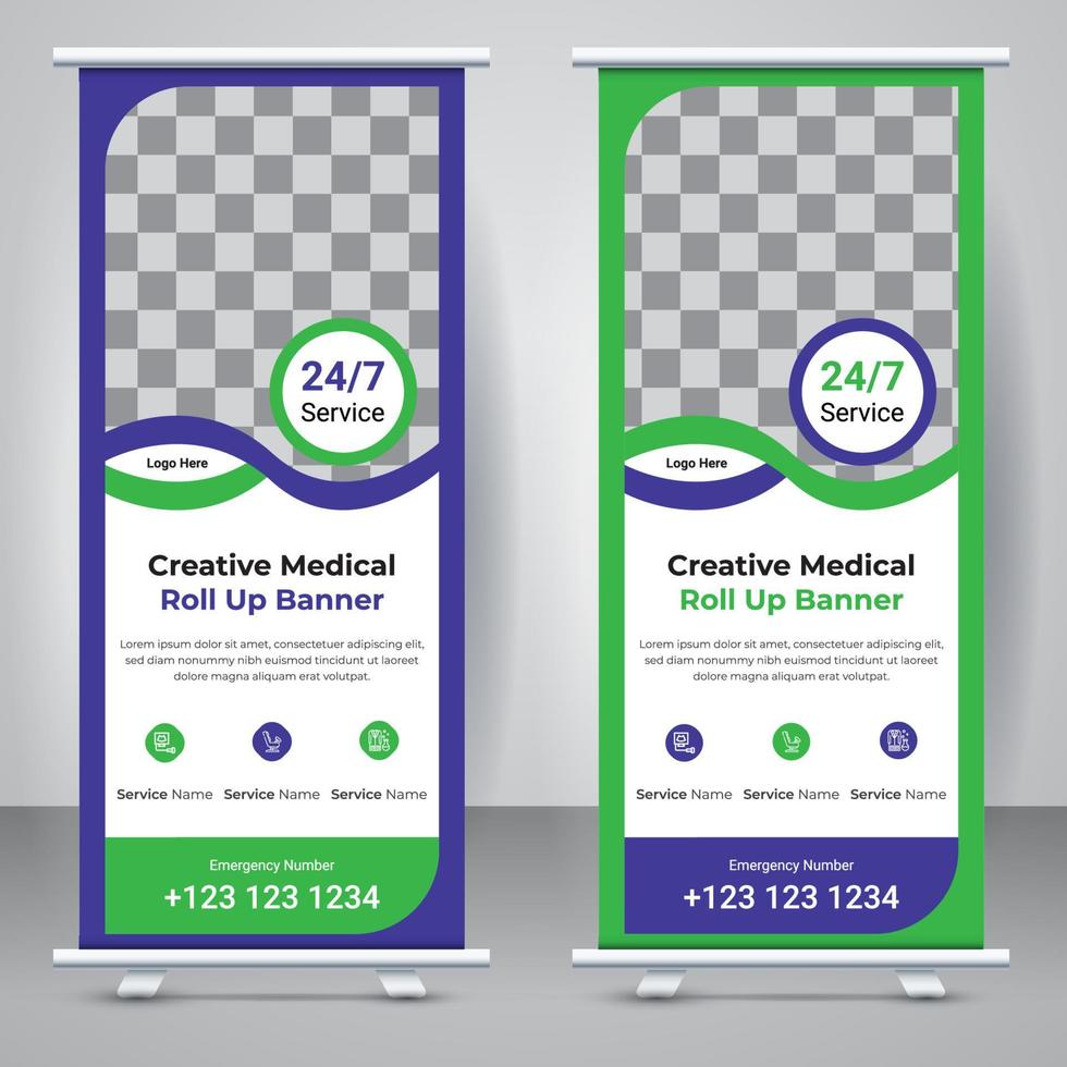 Creative medical roll up banner template design. Elegant business abstract corporate standee X banner layout template. vector