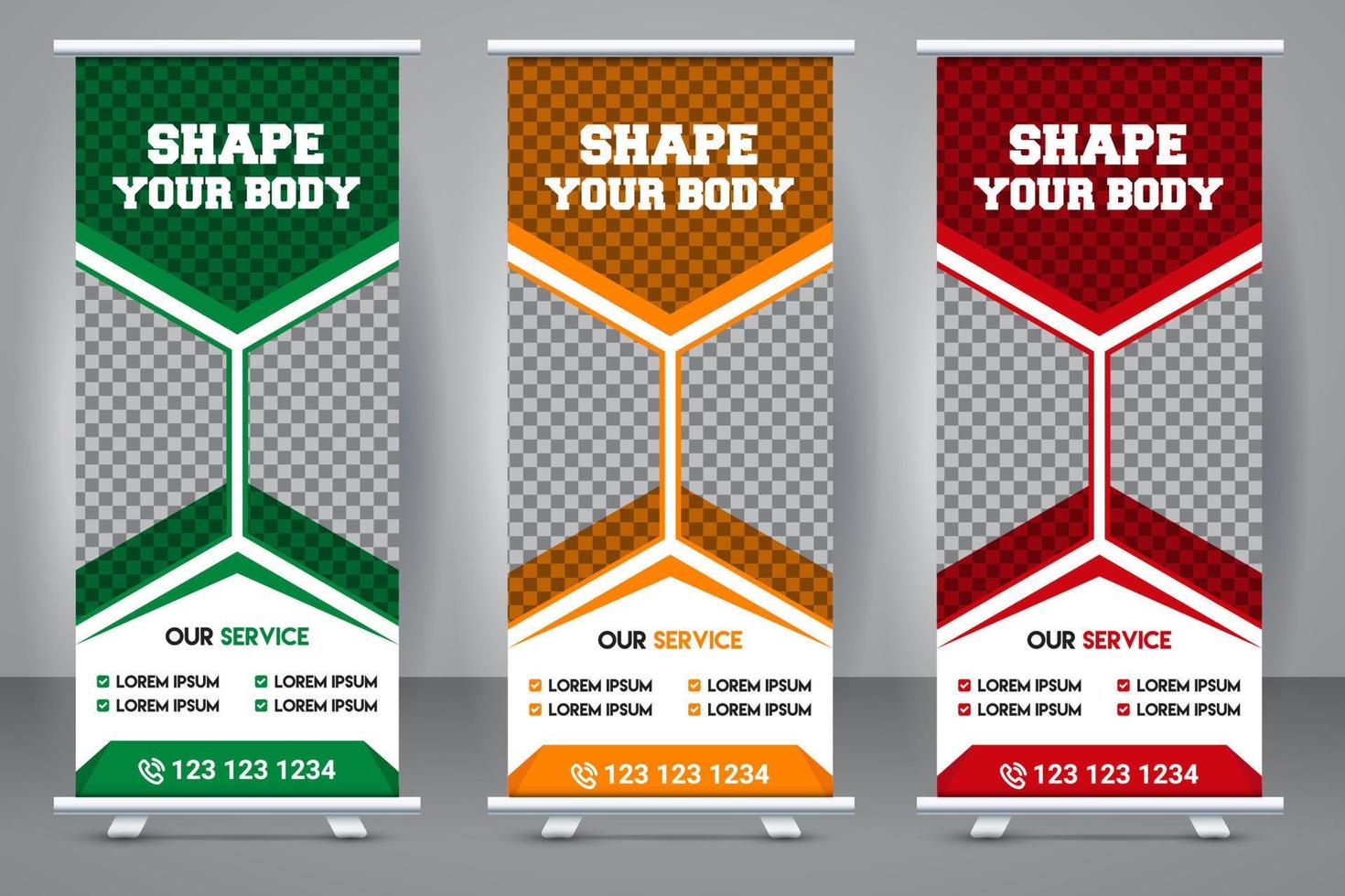 Elegant gym roll up stand banner template design. Fitness standee creative X banner template design. vector