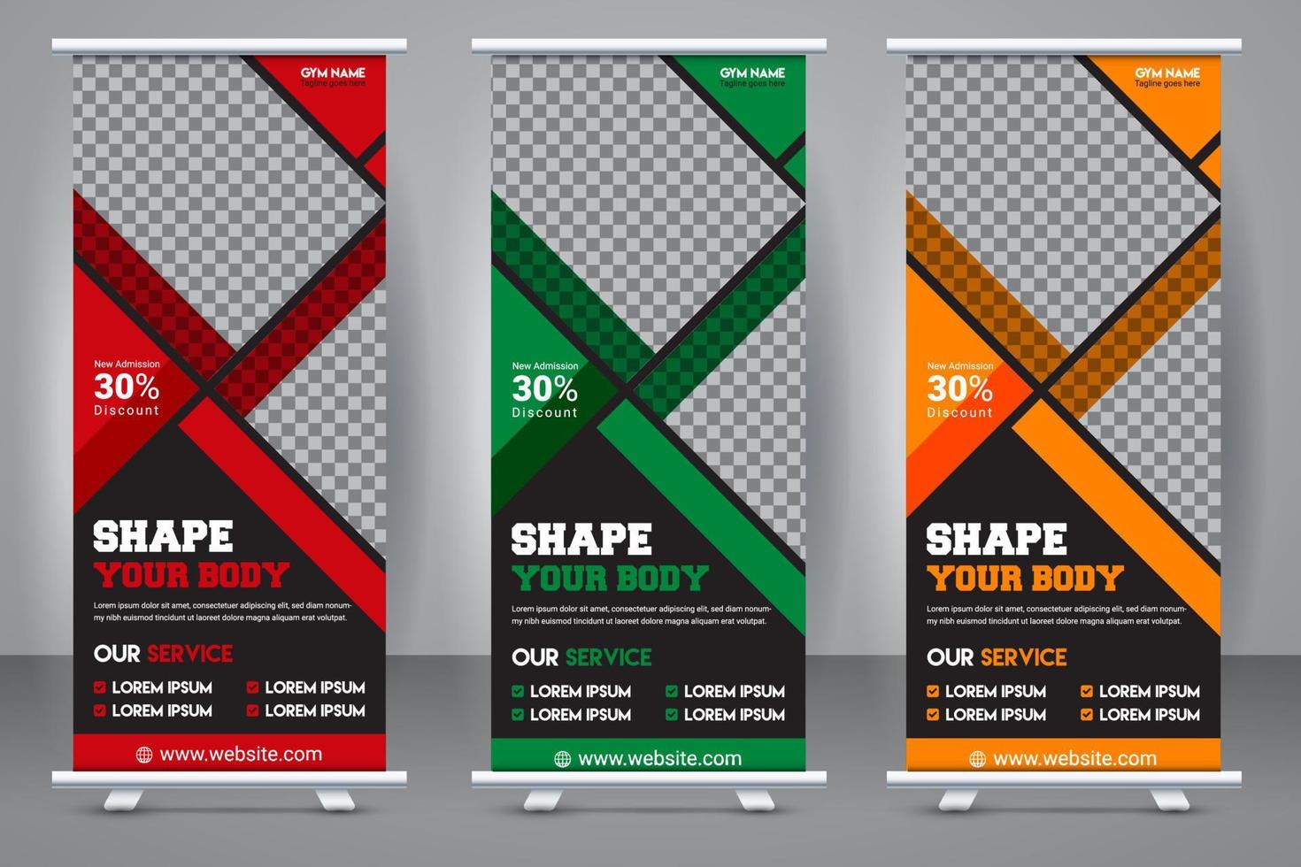 Elegant gym roll up stand banner template design. Fitness standee creative X banner template design. vector
