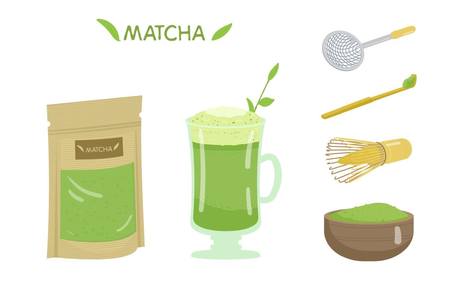 Tea Matcha Vector Set. Glass Cup With Matcha, Tea Powder,Tea Packaging, Bamboo Spoon, Whisk, Ceramic Bowl, Sieve. Japanese Traditional Beverage.