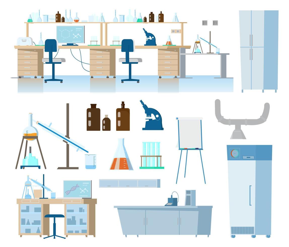 Flat Vector Set Of Medical Or Chemical Laboratory Equipment.