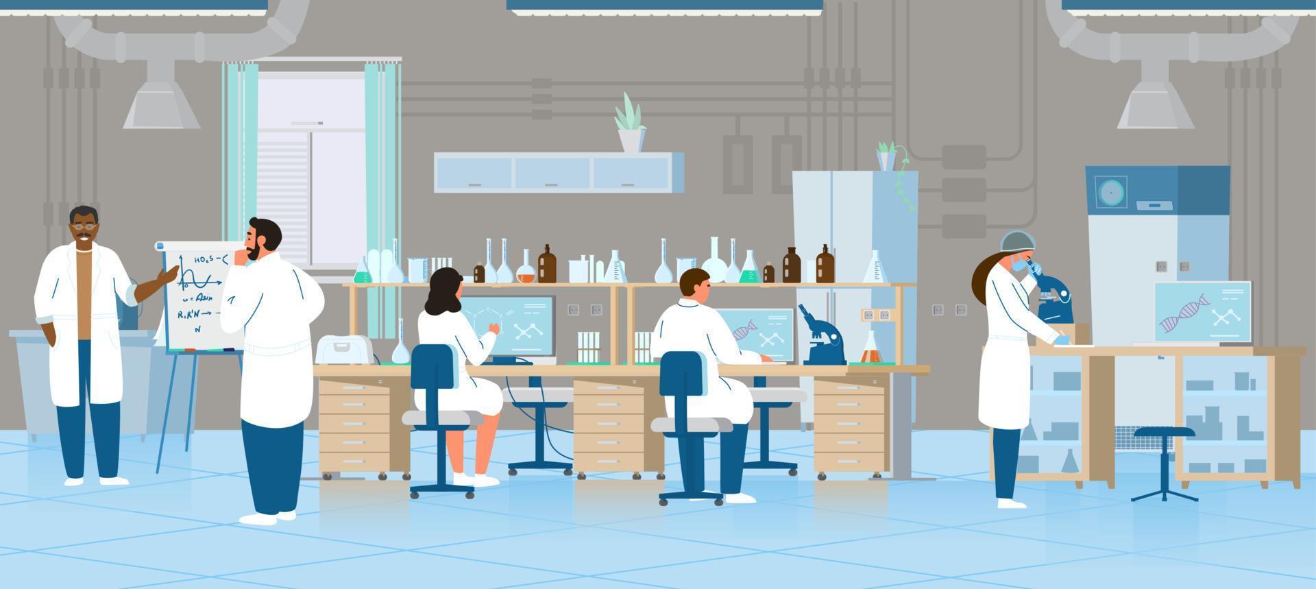 Scientists Or Doctors Men And Women Making Research In Chemical Laboratory. Laboratory Interior With Equipment. Flat Vector Illustration.