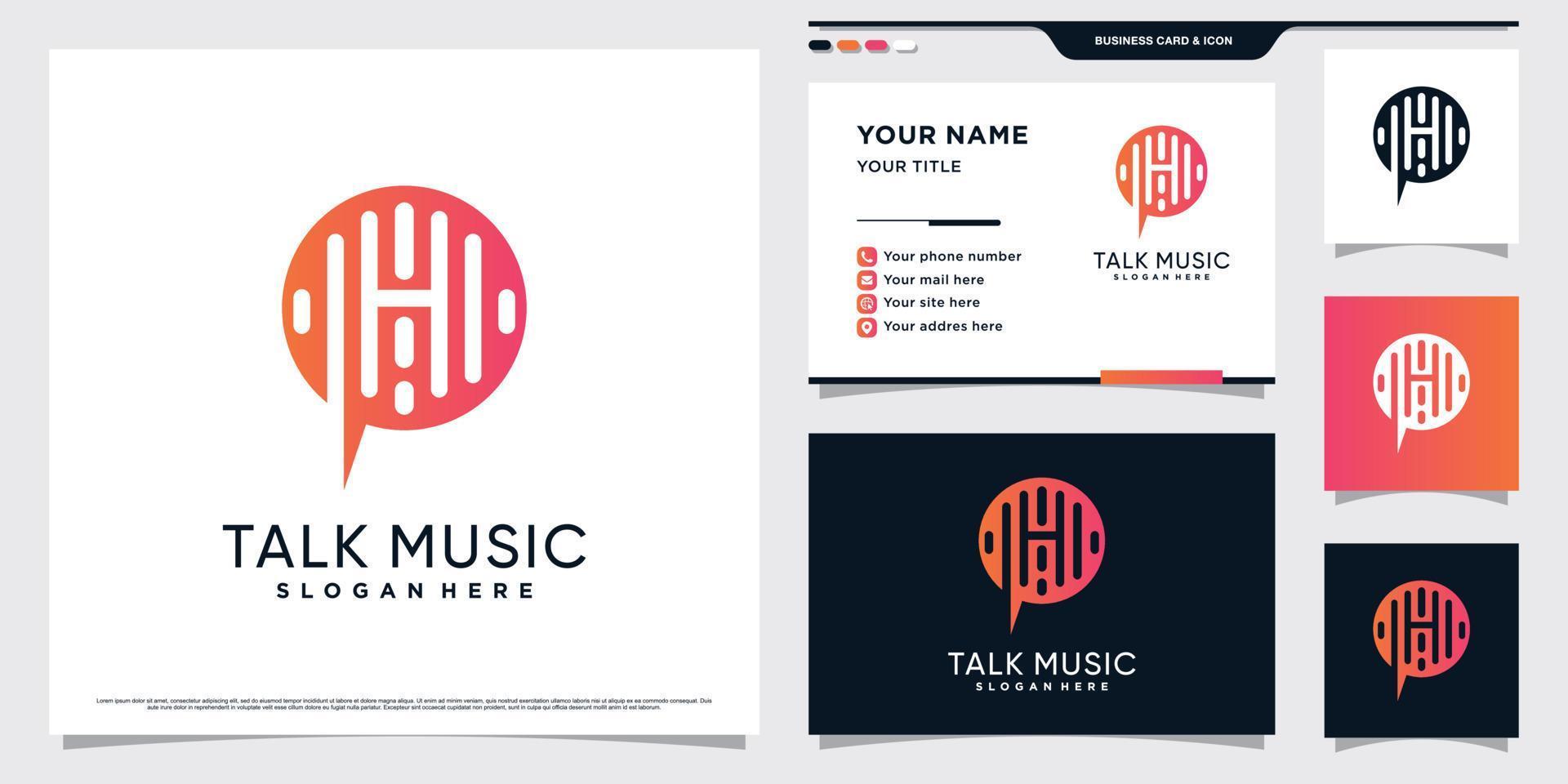 Music logo design initial letter h for podcast symbol with chat icon and business card template vector