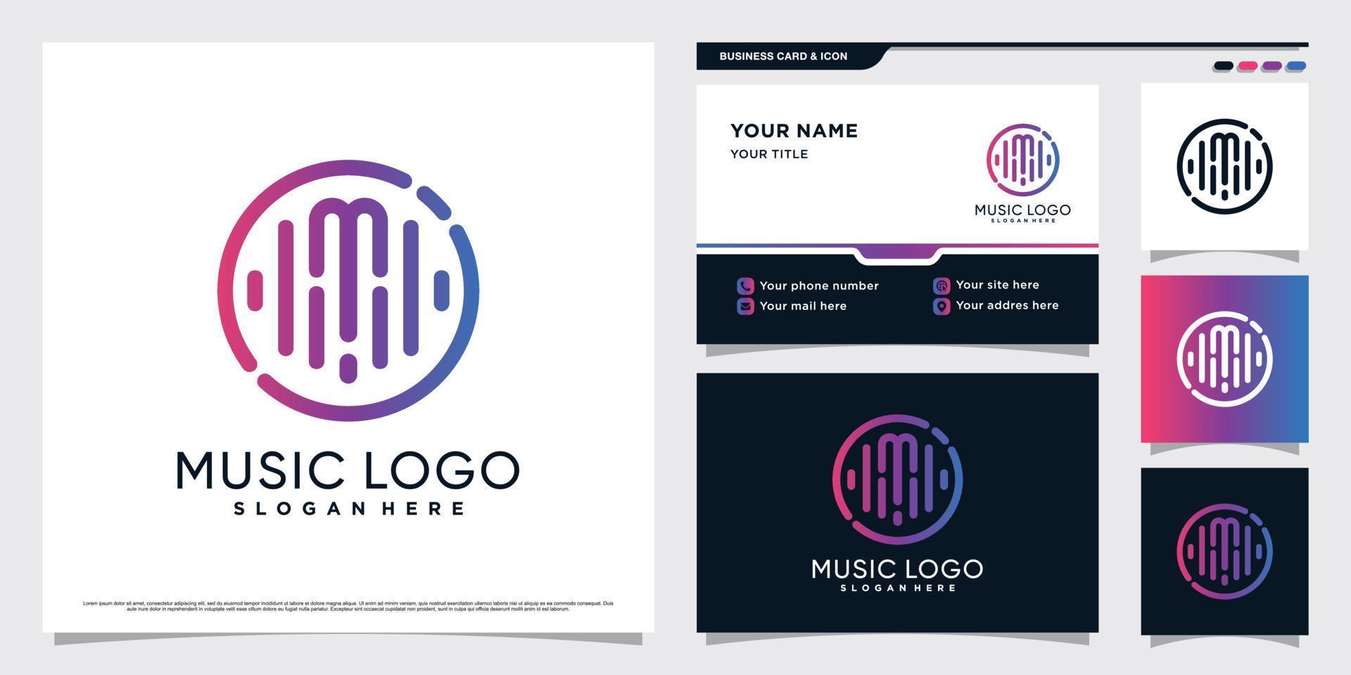 Music logo design initial letter m for audio technology with wave element and business card template vector