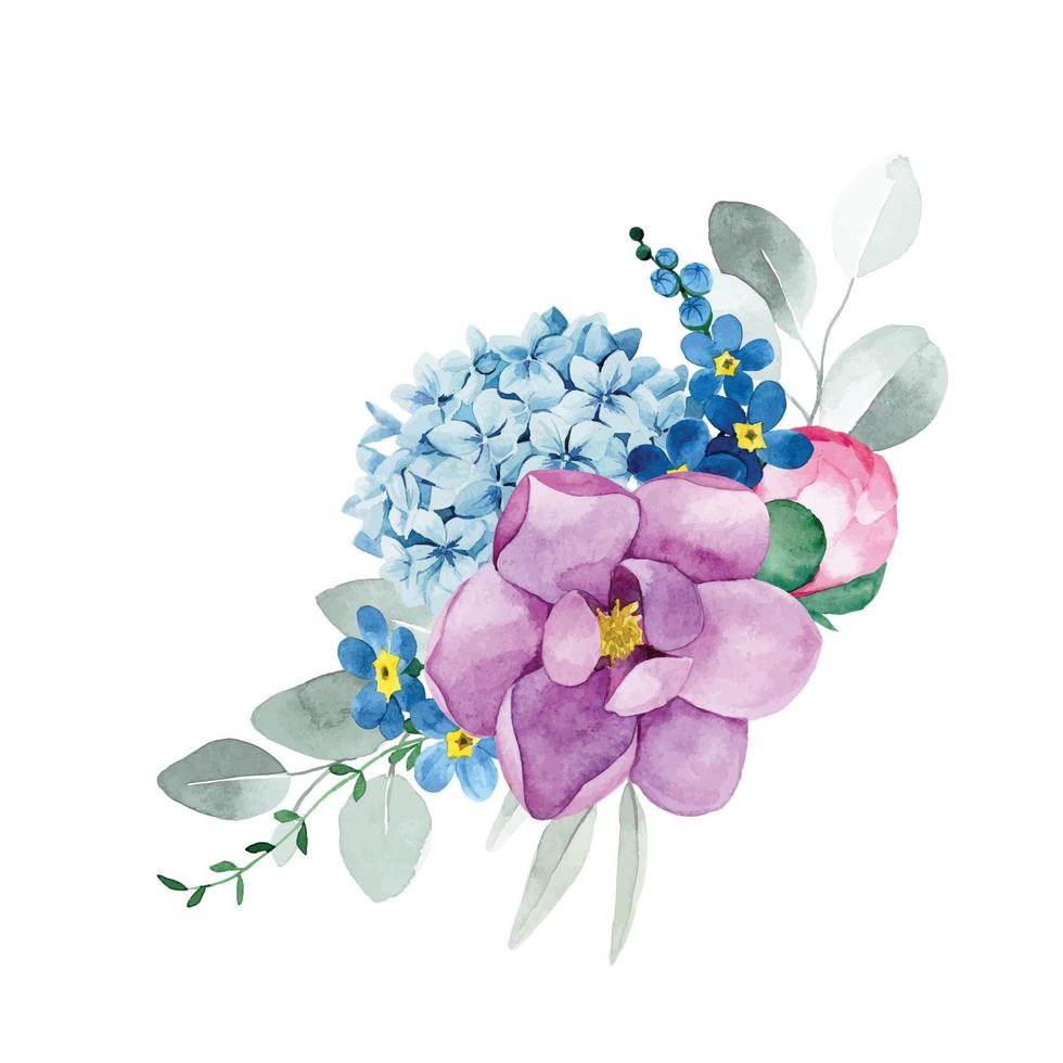 dibujo de acuarela. ramo, composición con flores y hojas de eucalipto. flores de peonía rosa, rosas, hortensias azules. impresión delicada, decoración vintage vector