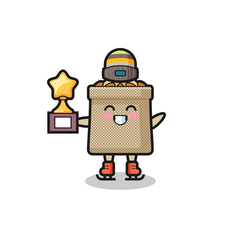 wheat sack cartoon as an ice skating player hold winner trophy vector